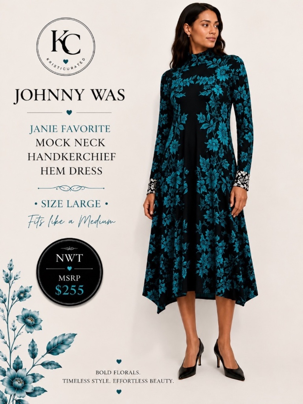 🖤 Johnny Was Janie Favorite Handkerchief Hem Mock Neck  Size Large • NWT